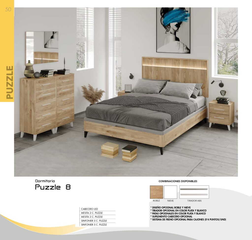 dormitorio moderno dormitorio completo moderno dormitorio con cabecero LED dormitorio con iluminación LED dormitorio con mesitas y sinfonier dormitorio de matrimonio moderno dormitorio acabado roble dormitorio acabado nieve dormitorio personalizable muebles de dormitorio modernos dormitorio Puzzle dormitorio con sinfonier